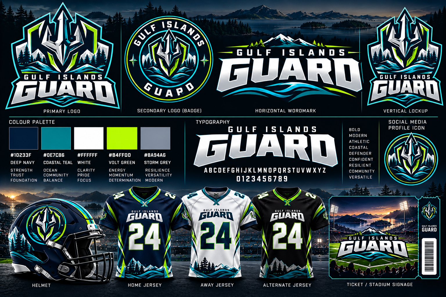 Full Gulf Islands Guard brand board with team logos, colour palette, helmets, jerseys and stadium graphics